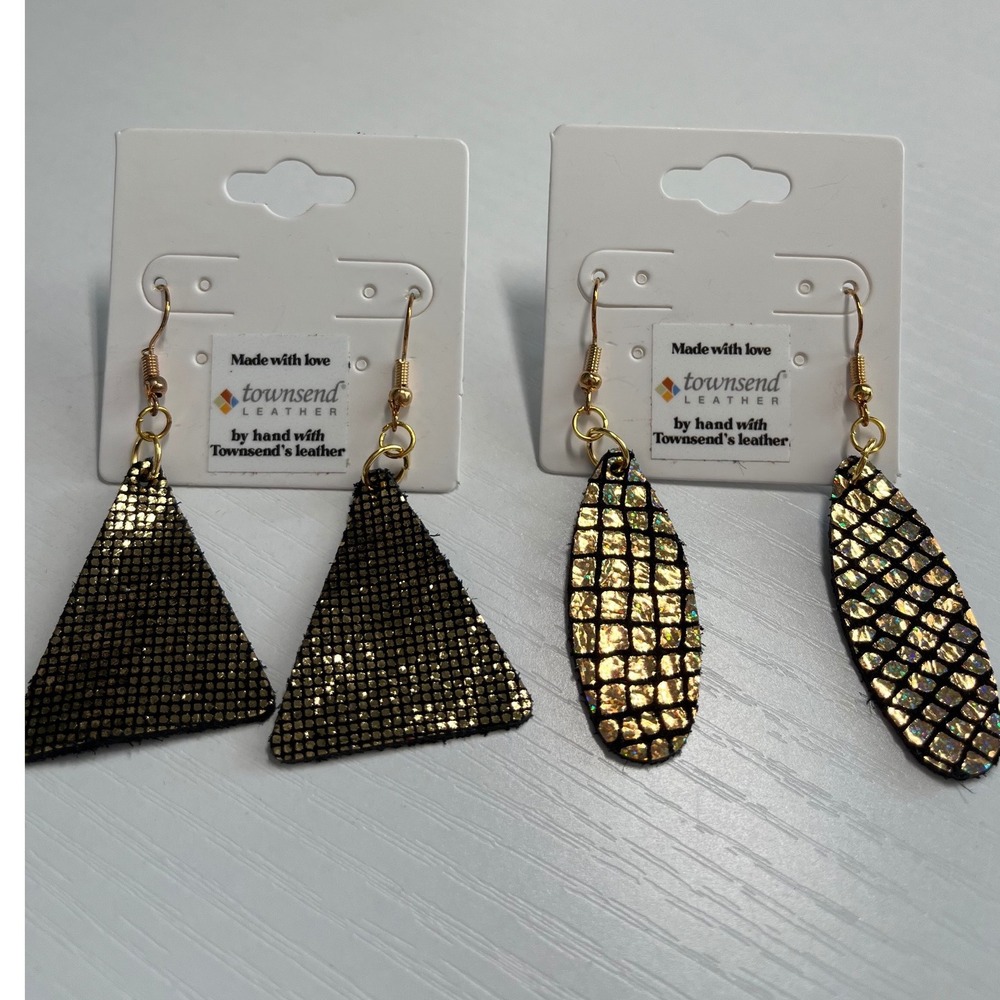 Townsend Leather Handmade Gold Metallic Earrings Set Triangle Oval Drop 2 Pairs